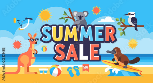 Summer Sale - Australian Animals on Beach with Kookaburra, Kangaroo, Koala, Platypus