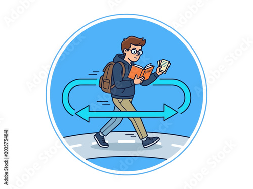 Young man walking with backpack smartphone.