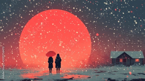Silhouettes under red sky illustration of couple and house in winter