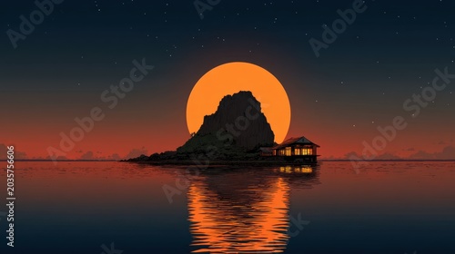 Tranquil island silhouette at sunset serene waters and orange sky