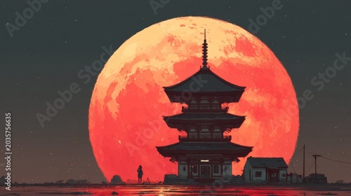 Silhouette of a pagoda with a large red moon in the night sky