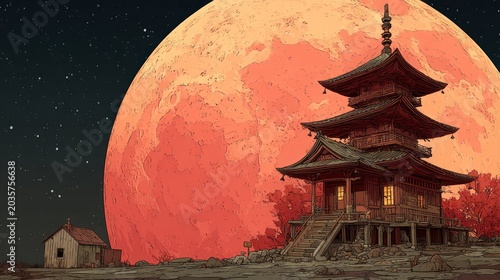 Japanese temple silhouette with full moon cultural and architectural illustration