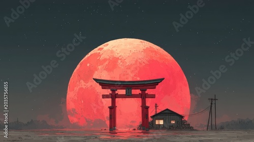 Dramatic red sunset behind traditional gate and silhouette building
