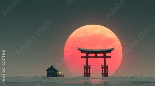 Tranquil silhouette of traditional gate with sunset background