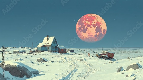 Snowy landscape with a house and large celestial body in the sky