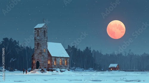 Church silhouette under full moon winter scene with snow and evening sky