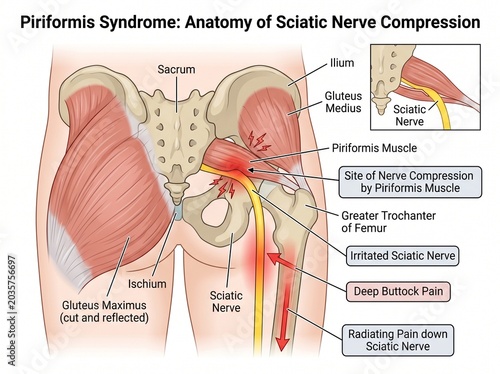 Piriformis Syndrome Anatomy of Sciatic Nerve Compression in Human Pelvis Showing Deep Buttock Pain and Radiating Sciatica Medical Illustration