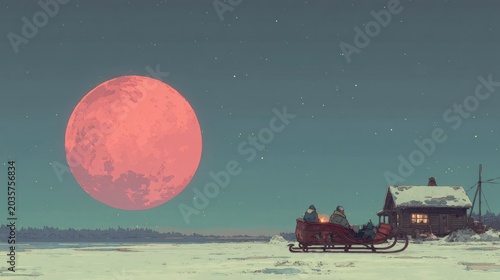 Winter scene illustration of a sleigh and house under a large red moon