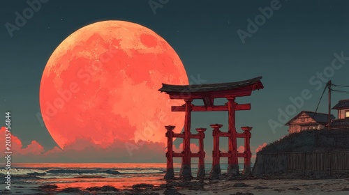 Dramatic sunset scene with traditional gate and illuminated structures