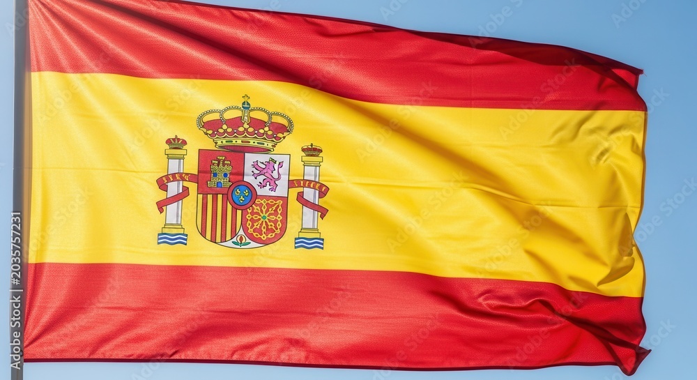 Obraz premium Spanish flag waving against a clear blue sky