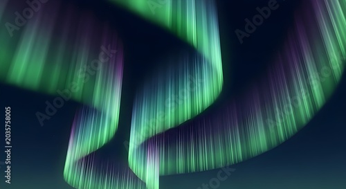 Abstract flowing neon light trails in dark futuristic cyber space with glowing green and purple waves