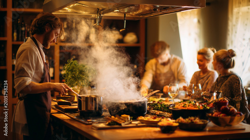 Warm restaurant scene with chef cooking and guests enjoying meals ,cooker in the kitchen, a traditional couple of people eating romance dinner , man having a lunch, a women having