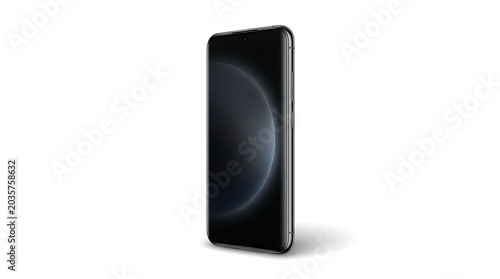 A dark-screened smartphone, casting a soft shadow, is presented in profile against a stark white backdrop, suggesting potential and mystery.