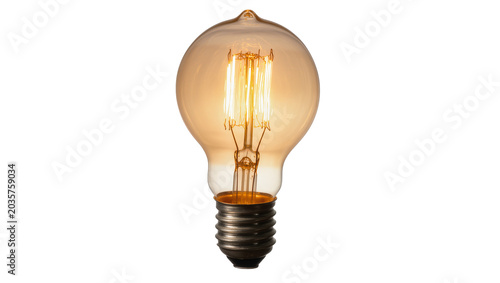 Photos Isolated retro Edison style filament light bulb glowing brightly with warm light
