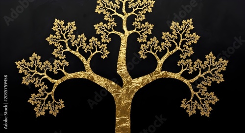 Minimalist golden tree silhouette with intricate branches on black background isolated design