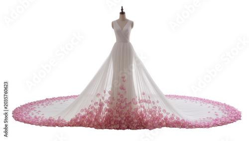 Foto Isolated elegant formal gown on mannequin with flowing sheer skirt and delicate pink petals
