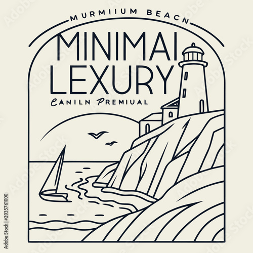 Minimalist Coastal Scene with Sailboat and Lighthouse Illustration