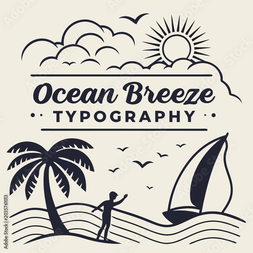 Tropical Beach Typography with Palm Tree and Silhouette Walking on Waves in Minimalist Line Art Style