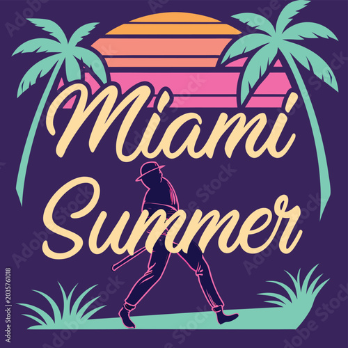 Summer Vibes Typography with Silhouette Running on Tropical Beach at Sunset