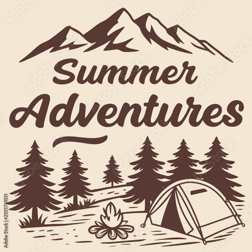 Summer Adventure Camping Trip in Forest with Campfire and Handwritten Typography