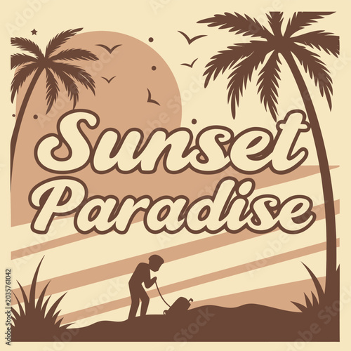 Retro Sunset Paradise Tropical Beach Vacation with Palm Tree and Silhouette