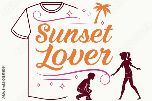 Handwritten Sunset Lover Typography with Swirls and Sparkles on Minimal Background