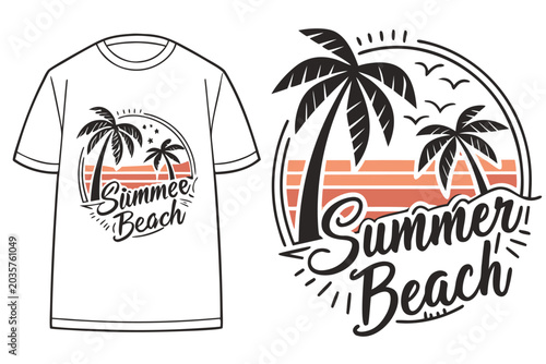 Hand-drawn summer beach typography with palm trees and tropical vibes illustration