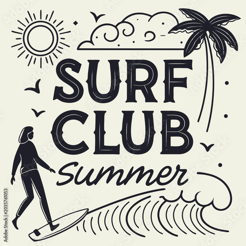 Surfing Club Summer Design with Sun and Waves