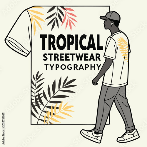 Tropical Streetwear Typography Design with Palm Leaves and Abstract Elements