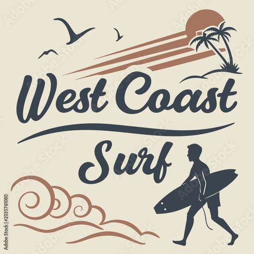 Vintage Surf Club Retro Design with Waves and Seagull