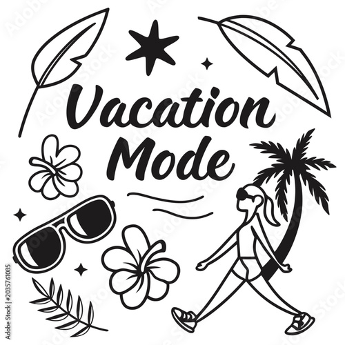 Vacation Mode Typography with Tropical Elements and Sunglasses