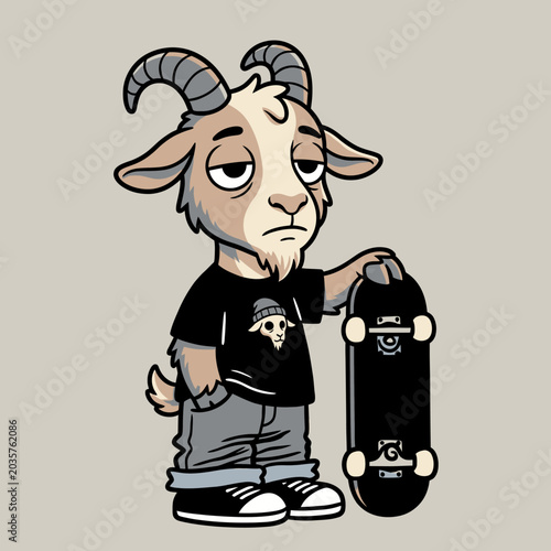 Cartoon goat with skateboard and shirt.