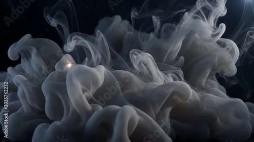 Ethereal white ink clouds swirling in dark water
