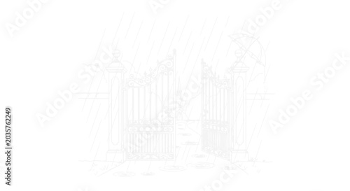 Obraz na płótnie Elegant wrought iron gates sketch, open to a path, architectural drawing, white
