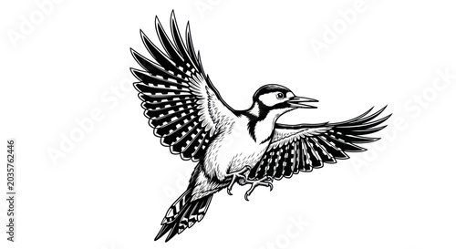 Photos Woodpecker in flight, black and white sketch, detailed illustration, wildlife ar