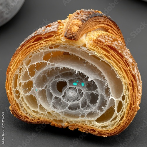Cross-section of a golden croissant revealing airy layers and a spiral interior with blue dots. Use: bakery display, culinary art, food photography.
