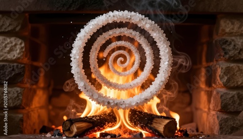 Swirling salt spiral suspended over crackling fireplace with burning logs and smoke. Use: home decor catalog, wellness blog, recipe inspiration.