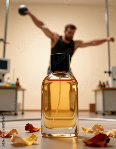 Perfume bottle with blurry man holding weight in background, fallen petals around bottle. Use: cosmetic ad, fragrance, wellness.