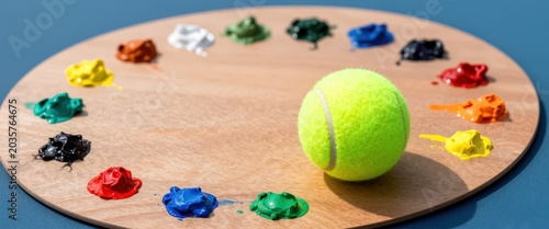 Wooden art palette with colorful paint blobs and a tennis ball. Use: art studio, hobby supplies, creative inspiration.