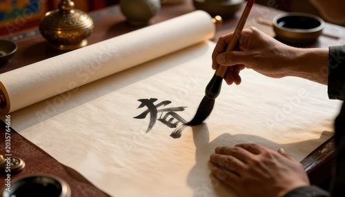 Hand writing Chinese calligraphy on paper with brush and ink, close-up view. Use: cultural art, education, decoration.