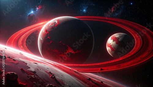 Cosmic Scene with Planets and Rings.