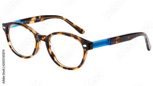 Tableau sur toile Isolated stylish tortoiseshell eyeglasses with vibrant blue accents, modern opti