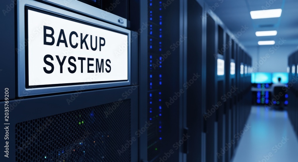 Fototapeta premium Modern data center with glowing blue server racks and a prominent sign for backup systems.