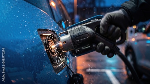Electric vehicle charging in rain at night, close up of plug connecting to blue car for sustainable energy concept
