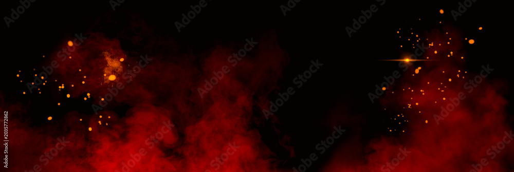 Obraz premium An abstract background header with red smoke and sparks on a black background.
