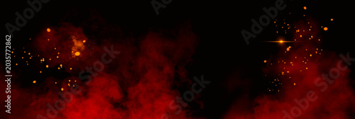 An abstract background header with red smoke and sparks on a black background.