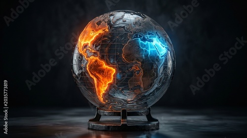 Abstract glass globe with glowing continents in contrasting orange and blue light