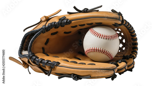 Isolated tan leather baseball glove and white ball, symbolizing American sport and summer game