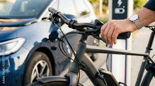 Close up of senior man hand on electric bike handlebar at charging station for sustainable urban mobility and green commuting