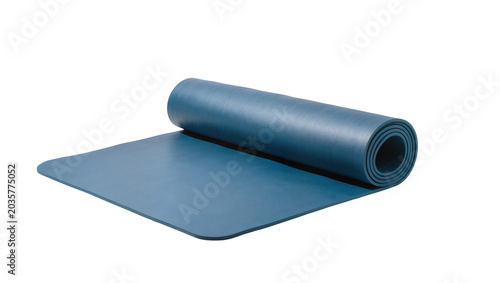 Isolated blue yoga mat partially unrolled, fitness equipment for exercise and meditation